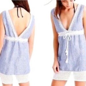J. Crew Striped Blue Eyelet Swim Tunic Cover-Up Dress Size S Linen Cotton Blend